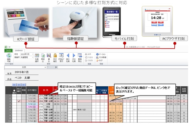 『ShiftMAX』はExcelをそのままクラウドに接続可能、Excel画面に打刻機からの打刻をリアルタイムで反映
